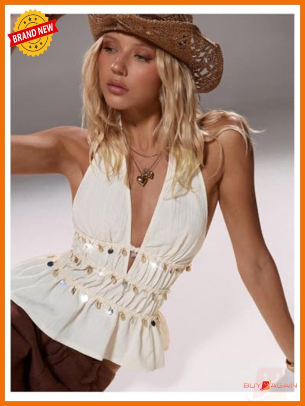 Deep V Halter Top Backless Beaded Ruched Ruffle Going Out Tank - Picture 2 of 6